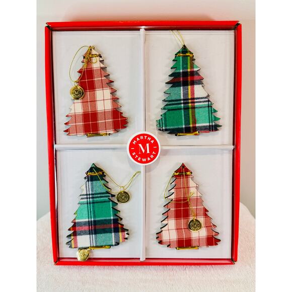 NWT Martha Stewart Holiday Tree Ornament 4 Piece Set Plaid Wooden Christmas Gift - Picture 1 of 7
